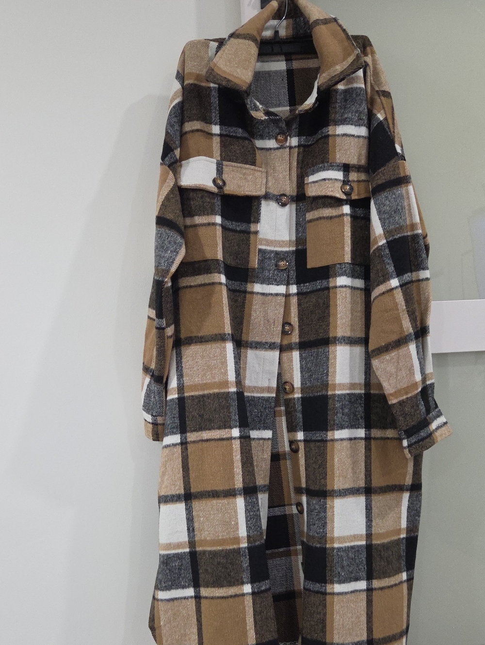 Plaid Longline Shacket Oversized Plaid Coatigan Jacket Camel Tan Black